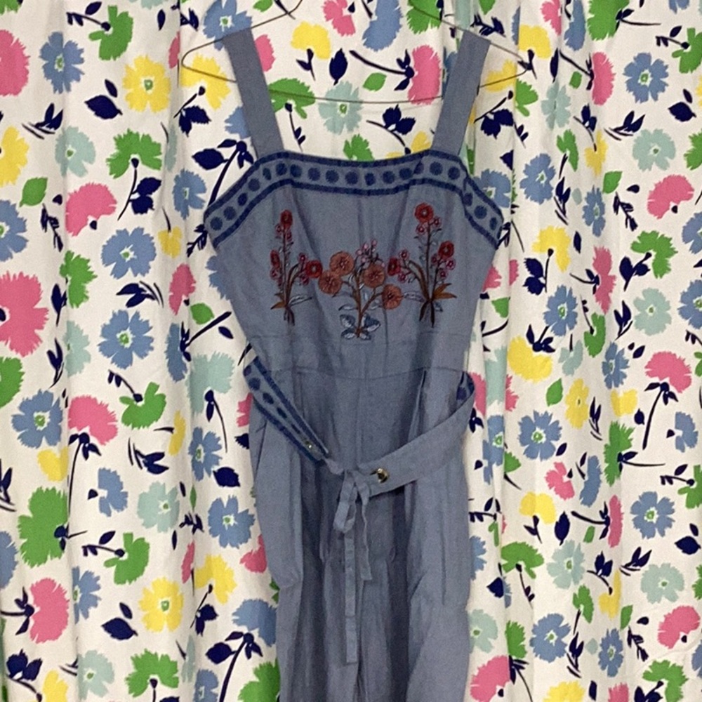Spartina 449 Arley Embroidered Blue Linen Jumpsuit Sz 10 Oyster Factory Wide Leg
